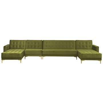 Corner Sofa Bed Green Velvet Tufted Fabric Modern U-shaped Modular 6 Seater Chaise Lounges Beliani