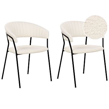 Set Of 2 Dining Chairs Off-white Boucle Fabric Upholstery Black Metal Legs With Armrests Curved Backrest Modern Contemporary Design Beliani