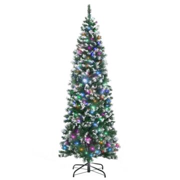 Homcom 6' Tall Prelit Pencil Slim Artificial Christmas Tree With Realistic Branches, 300 Colourful Led Lights And 618 Tips, Xmas Decoration, Green