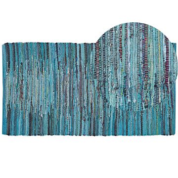 Area Rag Rug Blue Turquoise Stripes Cotton 80 X 150 Cm Rectangular Hand Woven Beliani