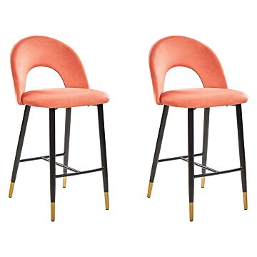 Set Of 2 Bar Chairs Coral Red Velvet Black Steel Retro Design Golden Ends Dining Room Beliani