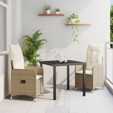 Vidaxl 3 Piece Garden Dining Set With Cushions Beige Poly Rattan