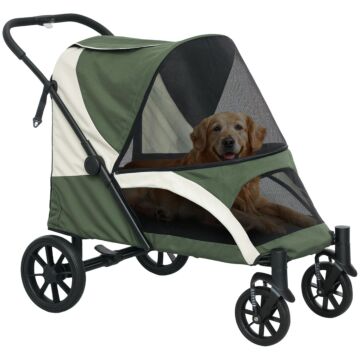 Pawhut Easy Folding Pet Stroller For Large Dogs With 4 Big Wheels, Shock Absorb Frame, Safety Leashes, Brakes, Dark Green