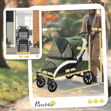 Pawhut Easy Folding Pet Stroller For Large Dogs With 4 Big Wheels, Shock Absorb Frame, Safety Leashes, Brakes, Dark Green
