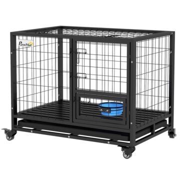 Pawhut Heavy Duty Dog Crate On Wheels W/ Bowl Holder, Removable Tray, Detachable Top, Double Doors For L, Xl Dogs