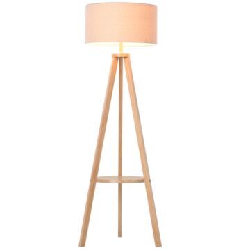Homcom Freestanding Tripod Floor Lamp Bedside Light Reading Light With Storage Shelf Linen Shade For Living Room Bedroom, 154cm, Cream