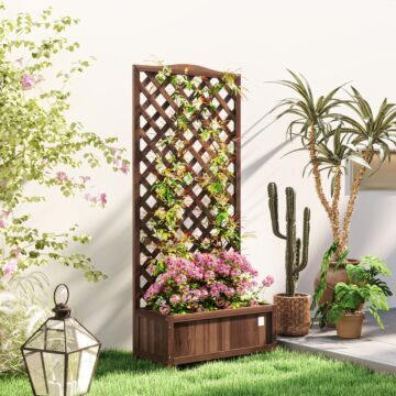 Outsunny 53l Garden Wooden Planter Box With Trellis Free Standing Flower Raised Bed With Lattice For Climbing Plants, 76cm X 36cm X 170cm, Dark Brown
