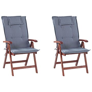 Set Of 2 Garden Chairs Acacia Wood Blue Cushion Adjustable Foldable Outdoor Country Rustic Style Beliani