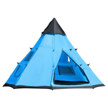 Outsunny 6 Men Tipi Tent, Camping Teepee Family Tent With Mesh Windows Zipped Door Carry Bag, Easy Set Up For Hiking Picnics Outdoor Night, Blue