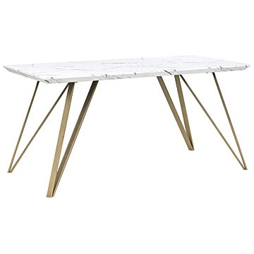 Dining Table White With Gold Mdf Top Metal Legs 150 X 80 Cm Marble Effect Glamour Industrial Beliani