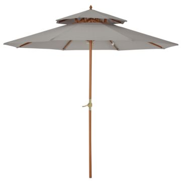 Outsunny 2.7 M Double Tier Outdoor Patio Garden Sun Umbrella Sunshade Wooden Parasol Grey Shade Canopy
