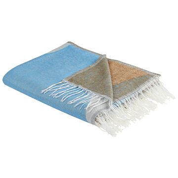 Blanket Beige And Blue Polyester And Acrylic Blend 130 X 170 Cm Decorative Abstract Pattern Beliani