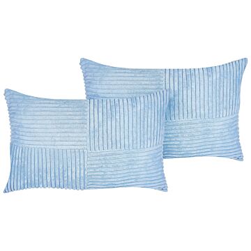Set Of 2 Decorative Pillows Blue Corduroy 47 X 27 Cm Striped Pattern Modern Design Throw Cushions Beliani