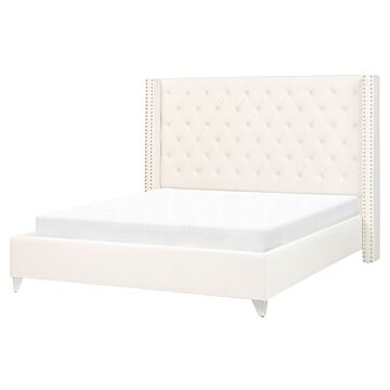 Slatted Bed Frame Off-white Velvet 5ft3 Eu Double Size Upholstered Tufted Headrest Nailhead Trim