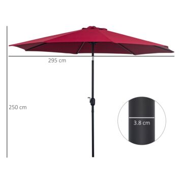 Outsunny 3(m) Tilting Parasol Garden Umbrellas, Outdoor Sun Shade With 8 Ribs, Tilt And Crank Handle For Balcony, Bench, Garden, Wine Red