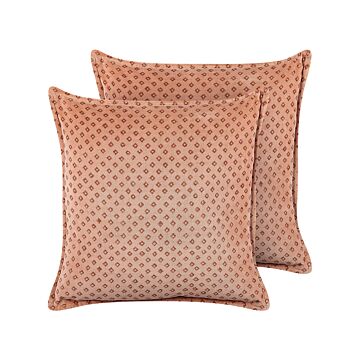 Set Of 2 Decorative Cushions Pink Velvet 45 X 45 Cm Diamond Pattern Block Printed Boho Decor Accessories Beliani