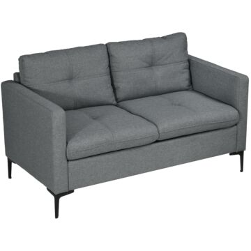 Homcom 133cm Loveseat Sofa, Modern Fabric Couch With Steel Legs, Upholstered 2 Seater Sofa For Living Room, Bedroom, Dark Grey