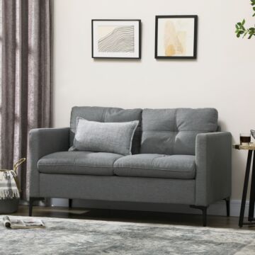 Homcom 133cm Loveseat Sofa, Modern Fabric Couch With Steel Legs, Upholstered 2 Seater Sofa, Dark Grey