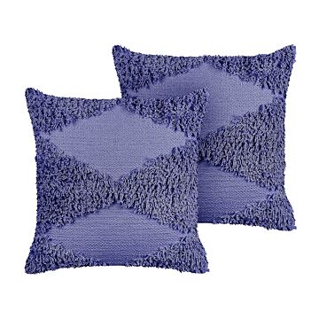 Set Of 2 Decorative Cushions Violet Cotton 45 X 45 Cm Geometric Pattern Boho Decor Accessories Beliani