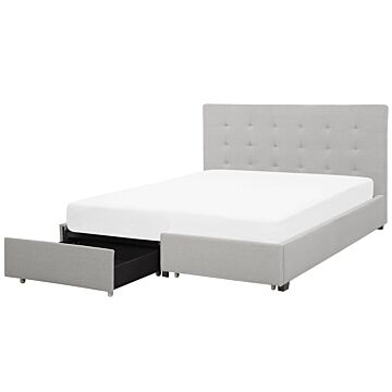 Eu Super King Size Bed Light Grey Fabric 6ft Upholstered Frame Buttoned Headrest With Storage Drawers Beliani