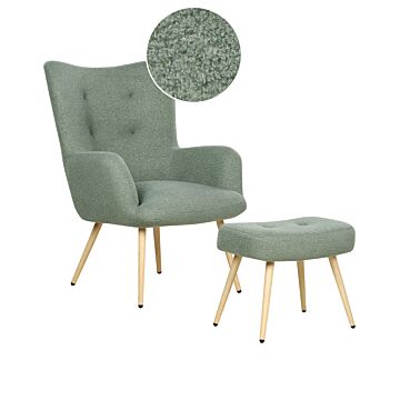Wingback Chair With Ottoman Light Green Boucle Fabric Buttoned Solid Pattern Retro Style Living Room Beliani