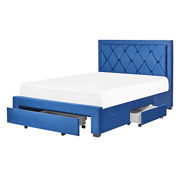 Storage Bed Navy Blue Velvet Upholstery Eu King Size 4ft6 Tufted Tall Headboard Drawers Glam Design Beliani