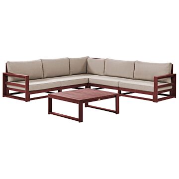 Garden Corner Sofa Set Mahogany Brown And Taupe Acacia Wood Outdoor 5 Seater With Coffee Table Cushions Modern Design Beliani