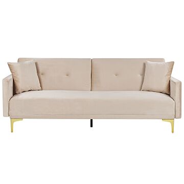 Sofa Bed Beige Velvet 3 Seater Buttoned Seat Click Clack Traditional Living Room Beliani