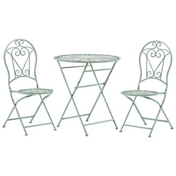 Outdoor Bistro Set Green Metal 2 Folding Chairs Round Table Decorative Balcony Set Beliani