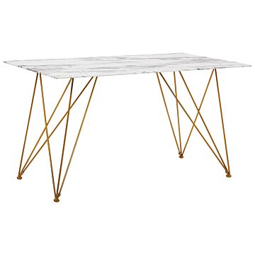 Dining Table Marble Effect White With Gold Tempered Glass Top Metal Legs 140 X 80 Cm Glam Living Room Beliani