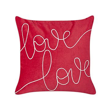 Scatter Cushion Red Velvet Cotton 45 X 45 Cm Square Handmade Throw Pillow Embroidered Love Writing Removable Cover Beliani