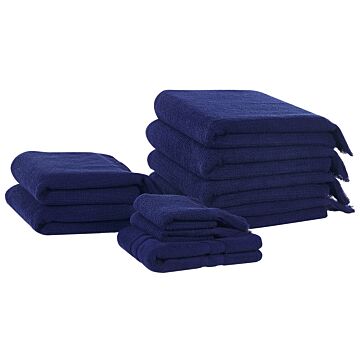 Set Of 9 Bath Towels Navy Terry Cotton Polyester Tassels Texture Bath Towels Beliani
