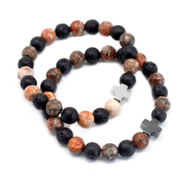Set Of 2 Gemstones Friendship Bracelets - Eternity - Leopard Skin Jasper & Lava Stone