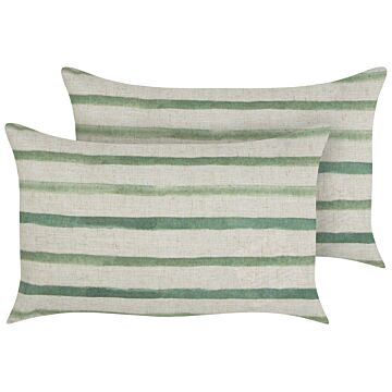 Set Of 2 Decorative Cushions Green And Beige Striped Pattern 50 X 30 Cm Modern Boho Decor Accessories Beliani
