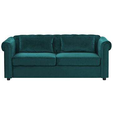 Chesterfield Sofa Bed Green Velvet Fabric Upholstery Dark Wood Legs 3 Seater With Mattress Cushions Contemporary Beliani