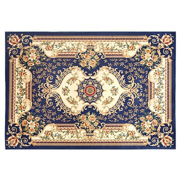 Area Rug Carpet Blue White Polyester Fabric Floral Victorian Pattern Rubber Coated Bottom 140 X 200 Cm Beliani