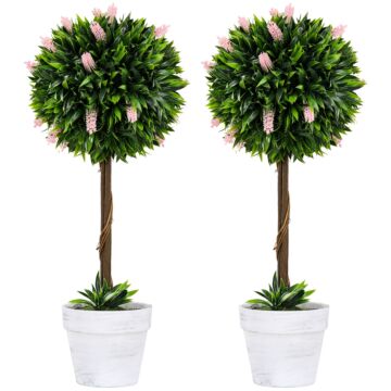 Homcom Set Of 2 Decorative Artificial Plants Ball Trees With Flower For Home Decor, 60cm,pink