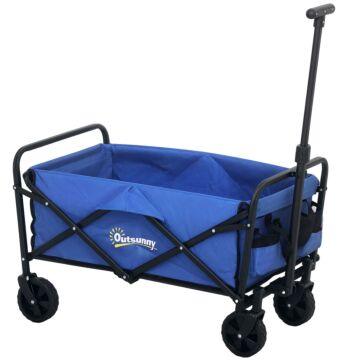 Outsunny 62l Festival Trolley On Wheels, Garden Folding Trolley Cart, 120kg Heavy Duty Collapsible Folding Wagon With Adjustable Handle And Carrying Bag For Beach, Camping, Festival, Blue