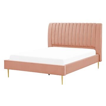 Eu Double Size Panel Bed 4ft6 Peach Velvet Slatted Base High Headrest Vintage Beliani