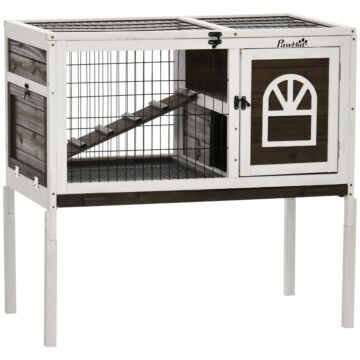 Pawhut Wooden Rabbit Hutch With Openable Roof, Elevated Guinea Pig Cage With Ladder, Small Animal House W/ Slide-out Tray 90 X 53 X 87cm Coffee Brown