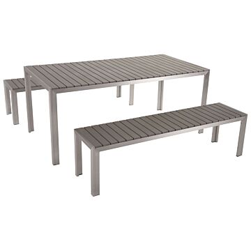 Garden Dining Set Grey Outdoor 3 Piece Rectangular Table 2 Benches Brushed Aluminium Frame Beliani