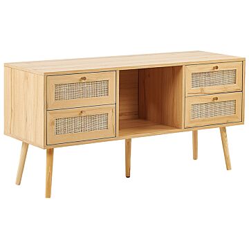 Tv Stand Light Wood Manufactured Wood With Rattan Fronts Wicker Weave 4 Drawers Boho Style Sideboard Beliani