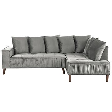 Corner Sofa Light Grey Velvet Fabric Cushions Metal Legs With Wood Finish Beliani