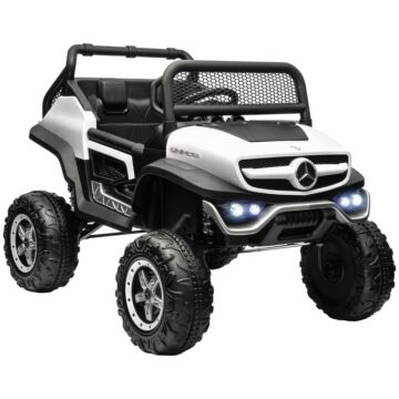 Homcom 12v Licensed Mercedes-benz Unimog Kids Electric Ride On Car, Battery Powered Off-road Toy With Remote Control, Suspension Wheels, Horns, Lights, Music, White