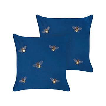 Set Of 2 Decorative Cushions Blue Bees Motif 45 X 45 Cm Velvet Polyester Modern Glamour Decor Accessories Beliani