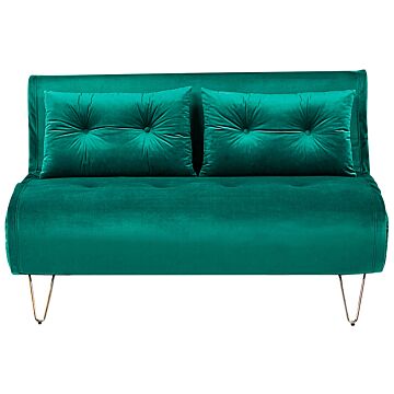 Sofa Bed Dark Green Velvet 2 Seater Fold-out Sleeper Armless With 2 Cushions Metal Gold Legs Glamour Beliani