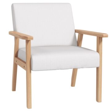 Homcom Accent Chair Wood Frame With Thick Linen Cushions Wide Seat Armchair Home Furniture Bedroom Office Cream White