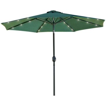 Outsunny 2.7m Garden Parasol, Patio Led Umbrella With Push Button Tilt/crank 8 Rib Sun Shade For Outdoor Table Market Umbrella Green