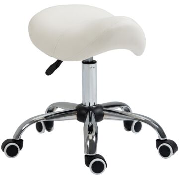 Homcom Cosmetic Stool 360° Rotate Height Adjustable Salon Massage Spa Chair Hydraulic Rolling Faux Leather Saddle Stool, Cream