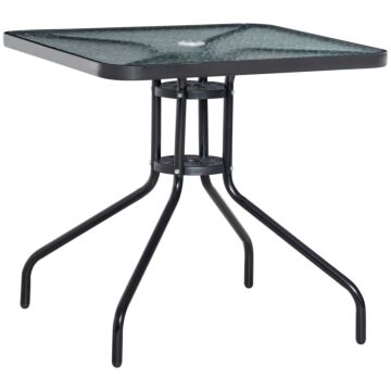 Outsunny Square Patio Table, Tempered Glass Top Bistro Table, Garden Dining Table, Outdoor Accent Coffee Table 76 X 76cm Steel Frame W/ Umbrella Hole